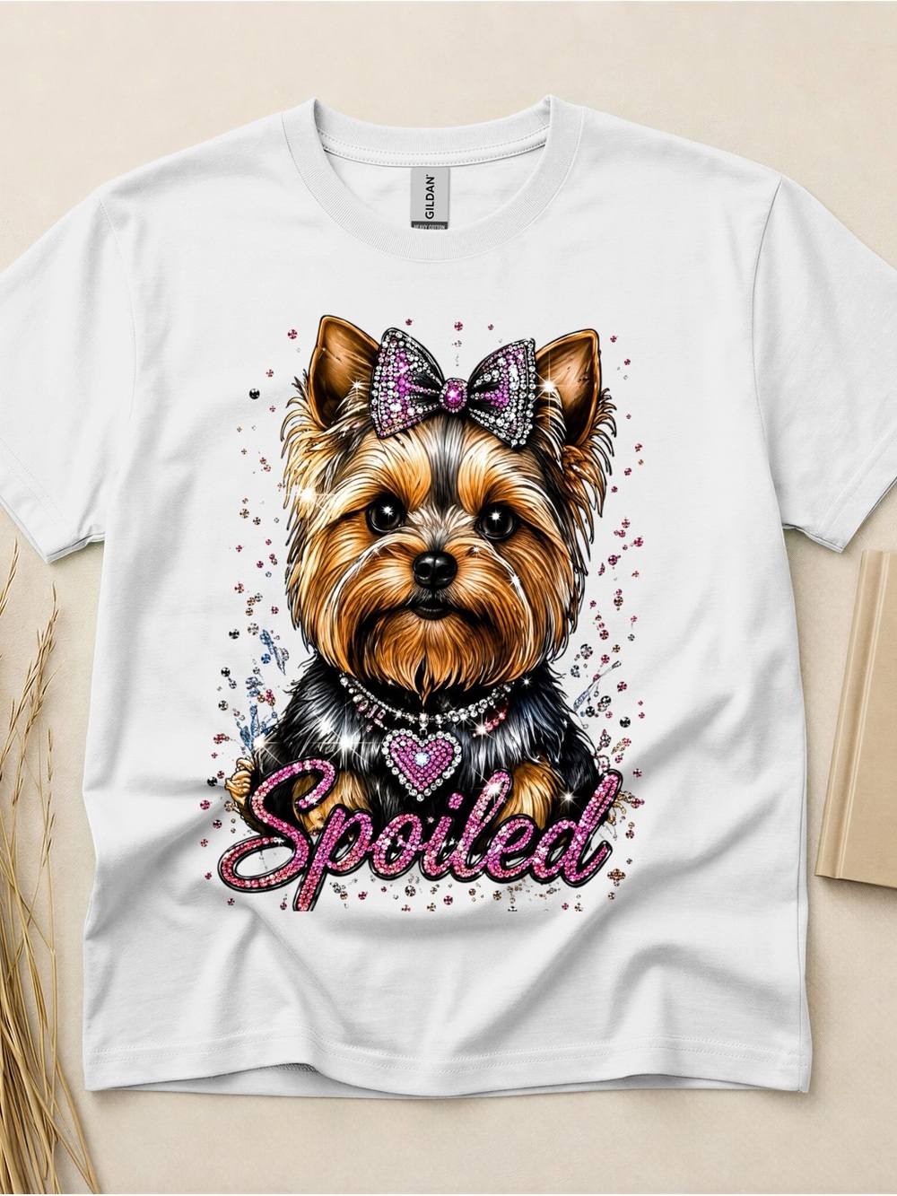 Yorkie Graphic Short Sleeve Tee spoil faux rhinestones S M L XL - Picture 6 of 11